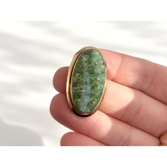 Green Jade Gold Filled Oval 1950's Catamore Brooch | Lapel Pin - Picture 10 of 11